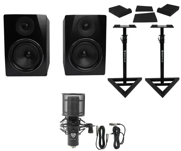 (2) Rockville APM6B 6.5" Powered USB Studio Monitors+Stands+Pads+Condenser Mic