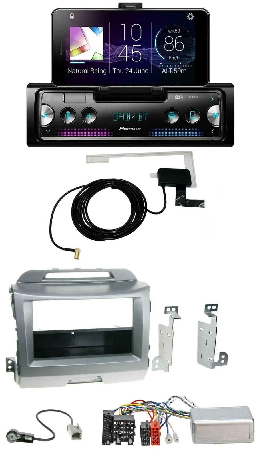 Автомагнитола Pioneer DAB, Bluetooth, USB для Kia Sportage 3 (2010–2015), серебристая