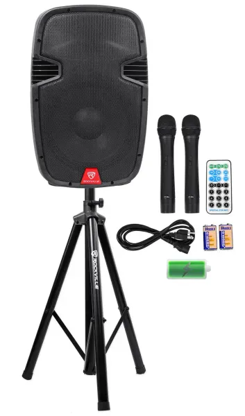 Rockville RAM12BT 12"Rechargeable Powered 600W PA Speaker+2 Mics+Bluetooth+Stand