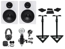 (2) Rockville DPM5W 5.25" 300w Dual Active Studio Monitors+Stands+Headphones+Mic