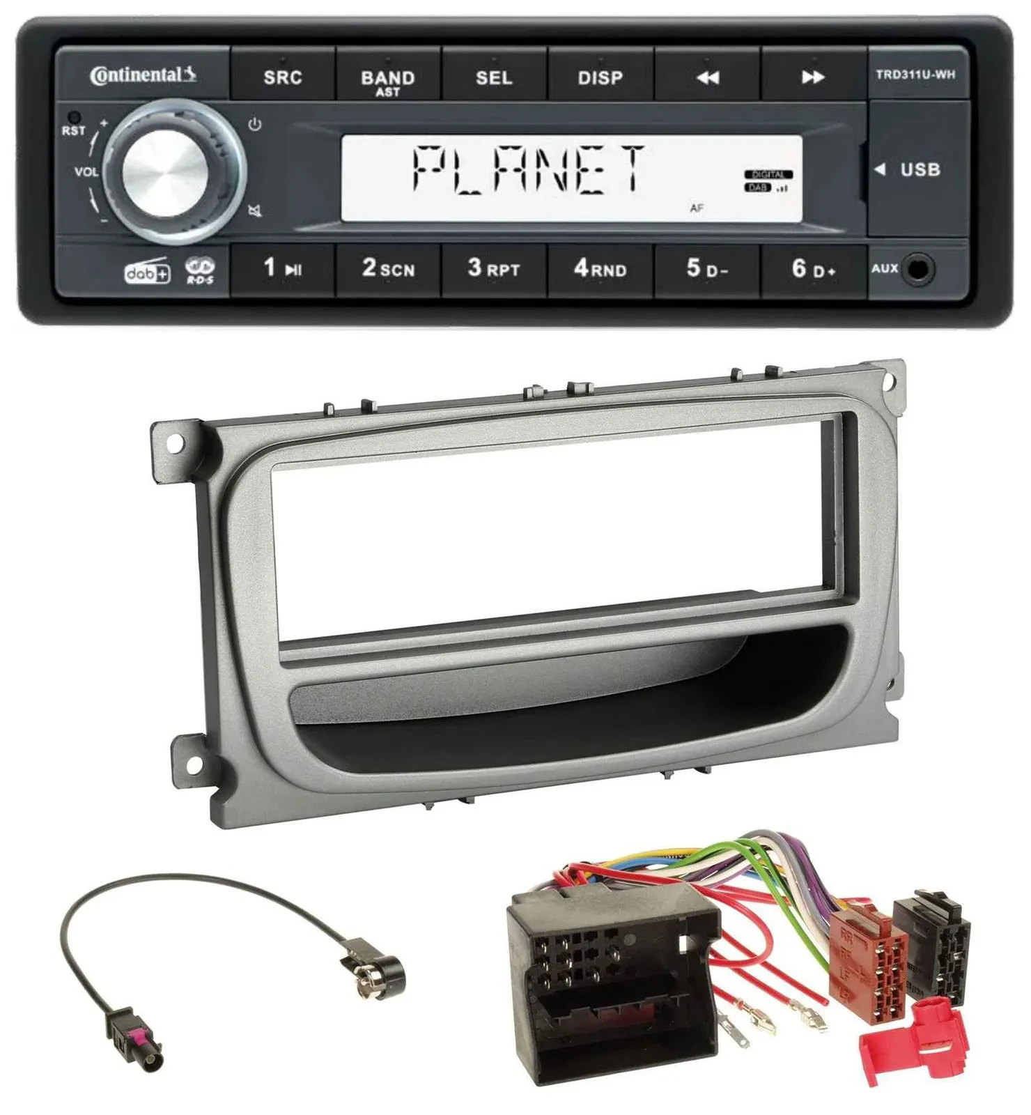 Автомагнитола для Ford Mondeo/S-Max (2007–2014) Continental MP3 AUX USB DAB 1DIN серебристая