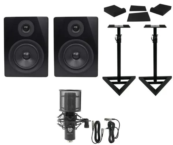 (2) Rockville APM5B 5.25" Powered USB Studio Monitors+Stands+Pads+Condenser Mic