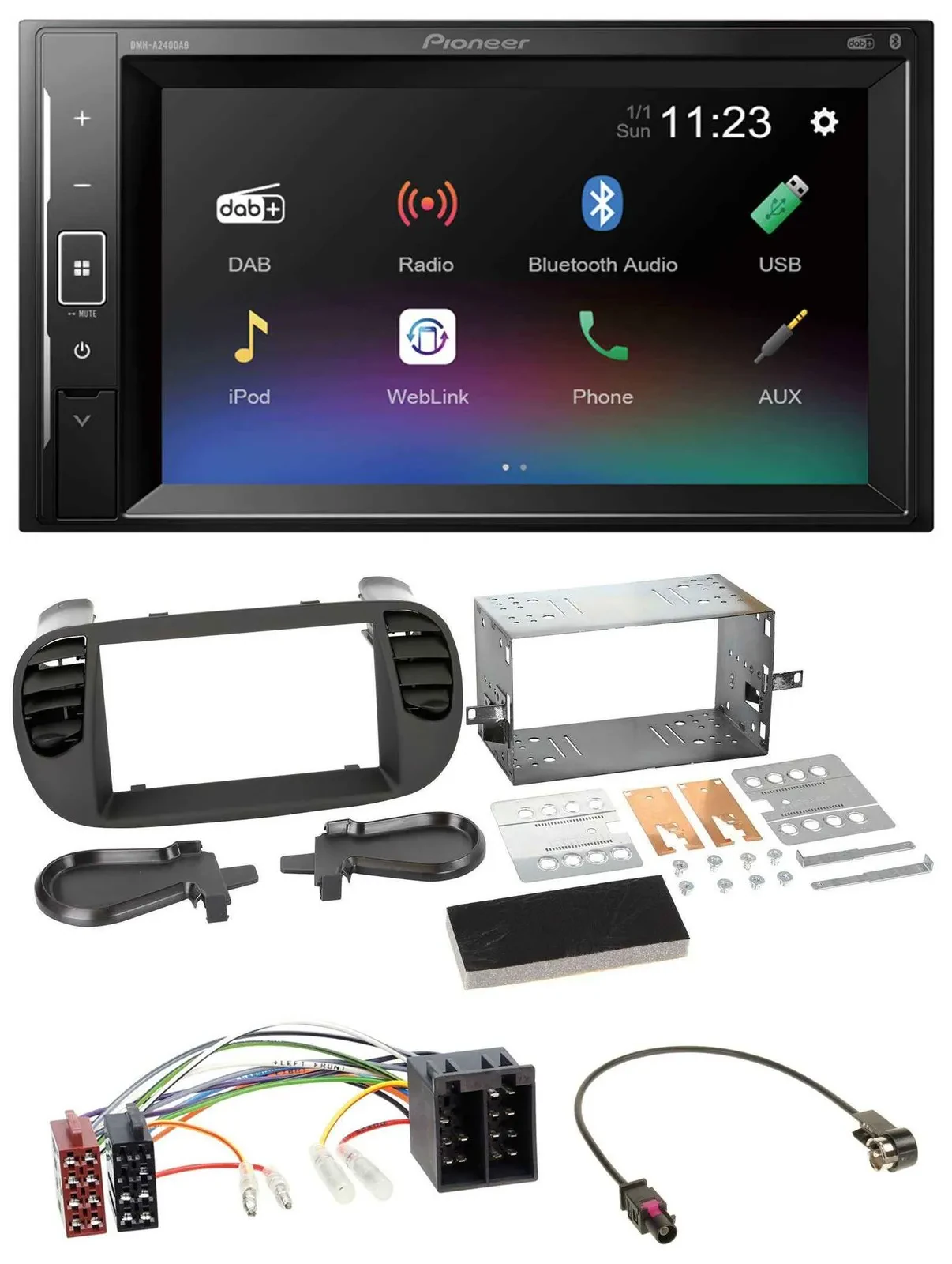 Автомагнитола для Fiat 500 Pioneer 2-DIN, DAB, Bluetooth, USB, MP3, ISO (soft touch, с 2012 г.)