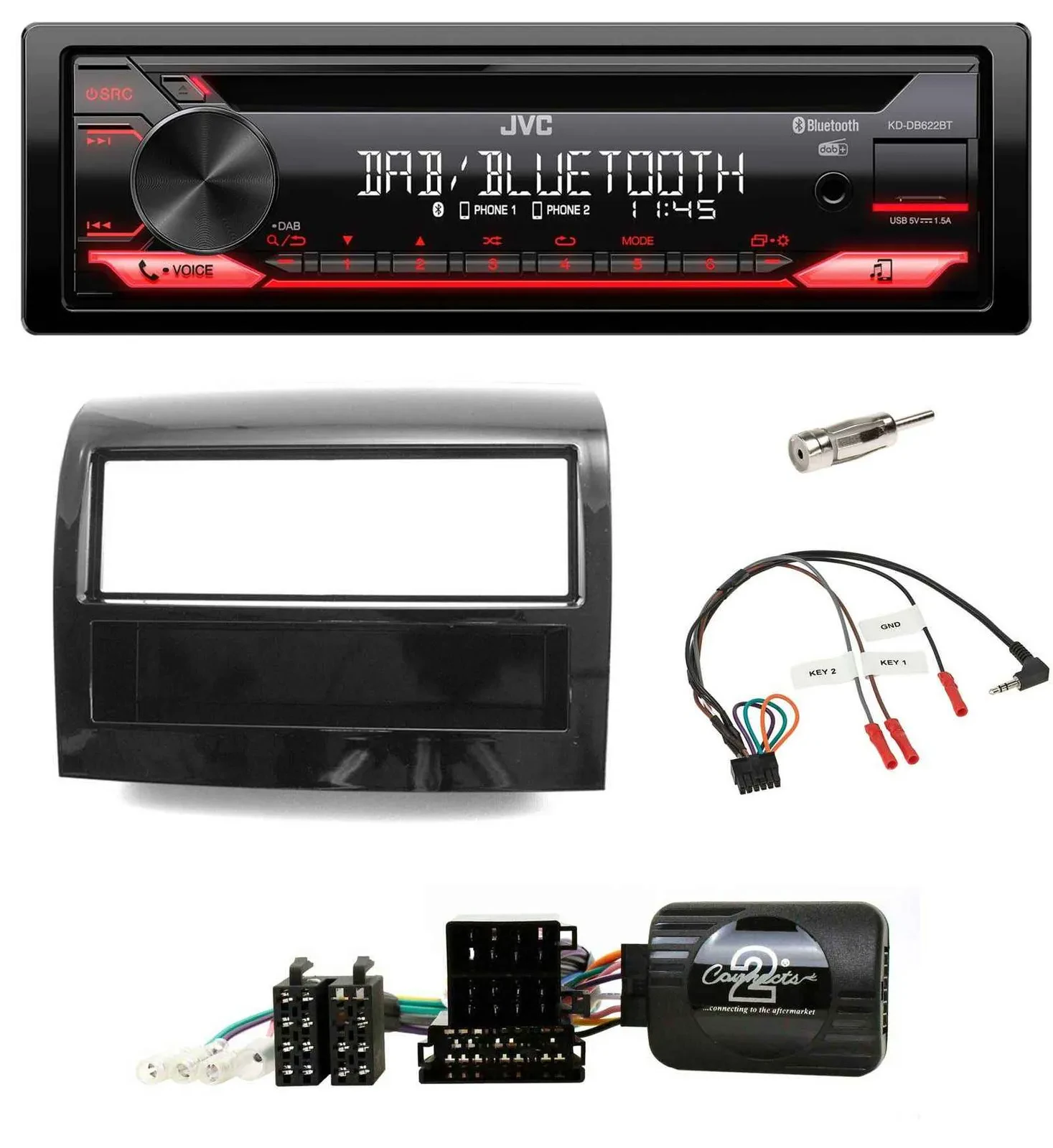 Автомагнитола для Fiat Ducato (2012–2015) JVC CD, DAB, USB, Bluetooth, поддержка кнопок на руле, цвет чёрный (Piano Black)