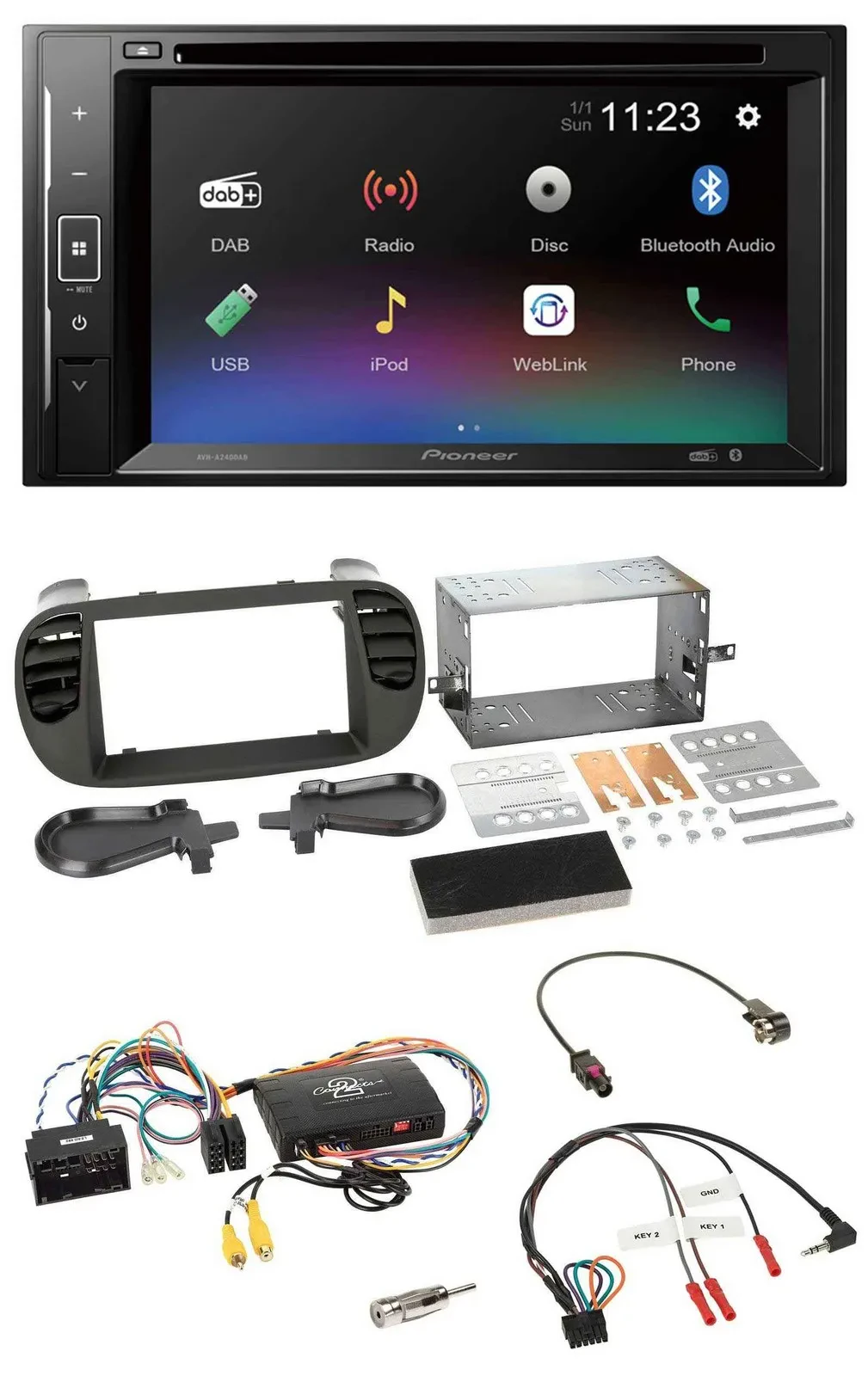 Pioneer Bluetooth Lenkrad USB 2DIN DAB DVD Autoradio für Fiat 500 14-15 soft tou