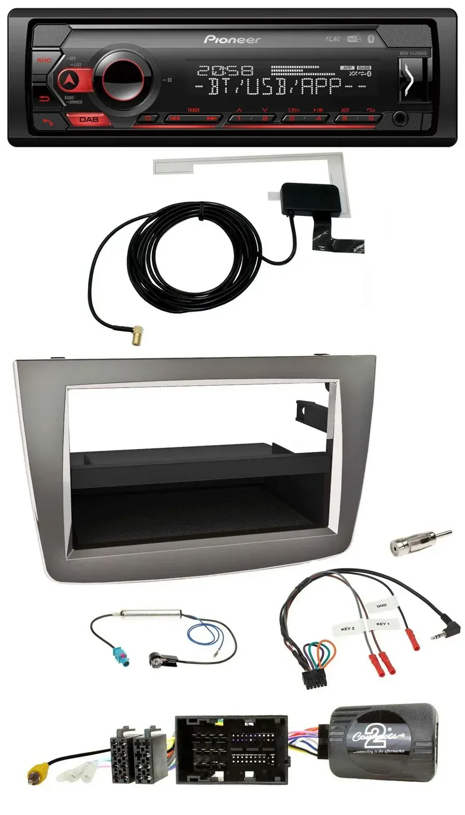 Автомагнитола для Alfa Romeo MiTo 2014–2018 (955) Pioneer DAB, USB, Bluetooth, поддержка кнопок на руле, серебристая