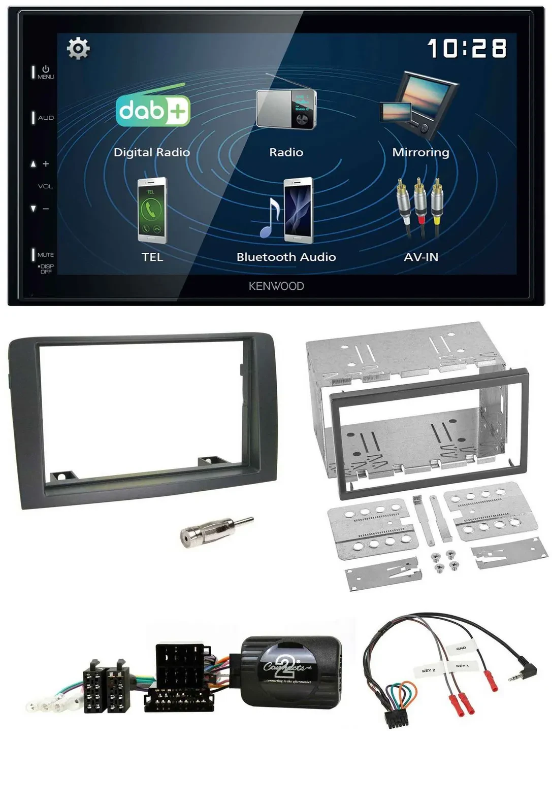Автомагнитола Kenwood 2-DIN Bluetooth USB DAB для Fiat Idea 2006–2012 серый
