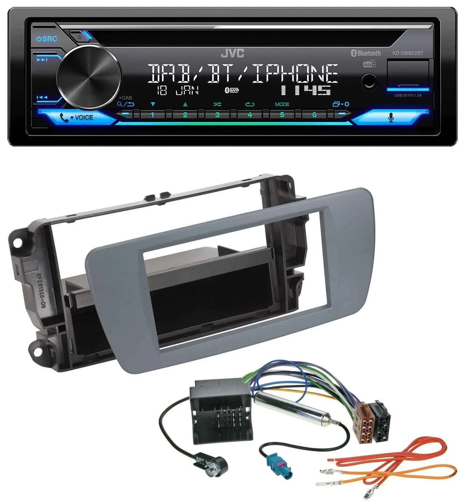 JVC Bluetooth MP3 USB DAB CD Autoradio für Seat Ibiza (ab 08) conemaragrau