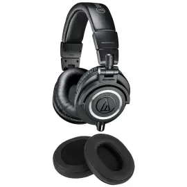 Audio-Technica ATH-M50x Headphones, Black - with HA Extra Deep Leather Earpads