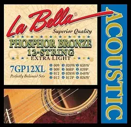 Струны для 12-струнной акустической гитары La Bella 7GP12XL 9-48, бронза фосфорная