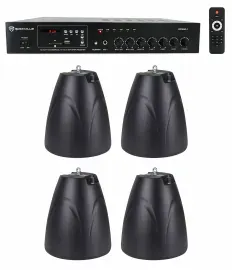 Rockville Commercial Amplifier+4) Black Pendant Speakers For Restaurant/Bar/Cafe