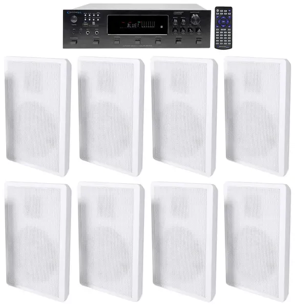 Technical Pro 6-Zone Amplifier+8) White Slim Wall Speakers 4 Restaurant/Bar/Cafe