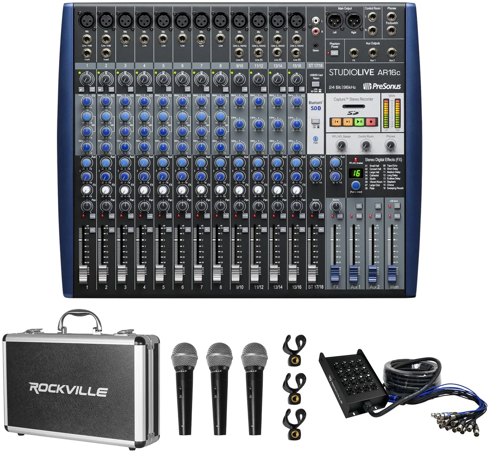 PRESONUS Studiolive AR16C 16-Ch. Hybrid Live/Recording Mixer+Snake Cable+3) Mics