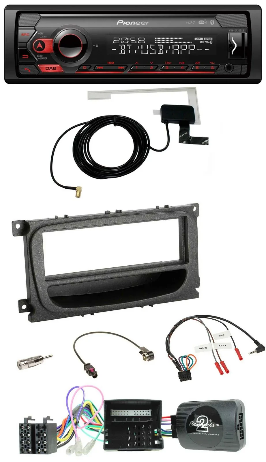 Автомагнитола Pioneer DAB, USB, Bluetooth, поддержка кнопок на руле, CAN для Ford Mondeo и S-Max (2007–2014), черная