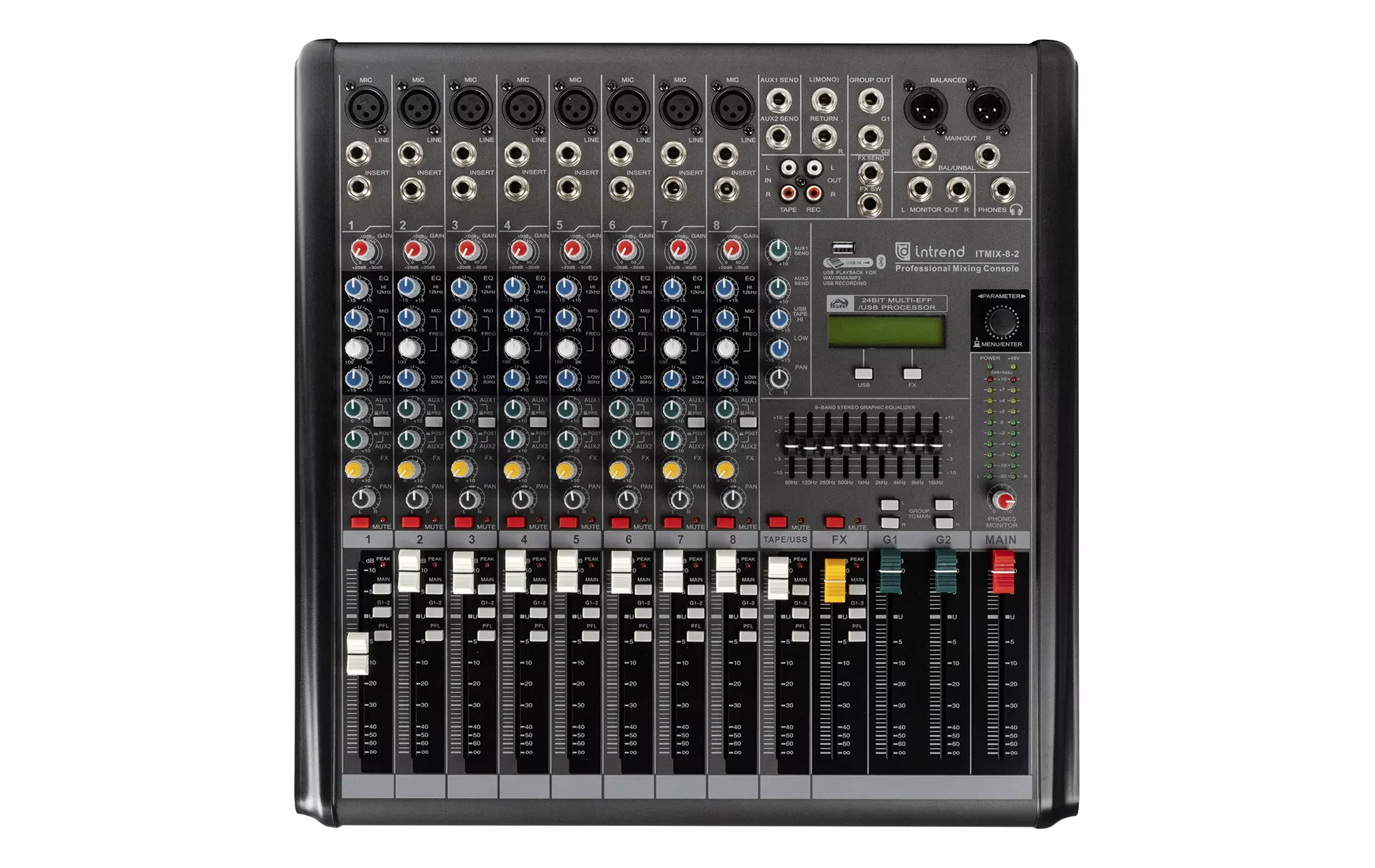 Аналоговый микшерный пульт Intrend ITMIX-8-2 12 входов (8 аналоговых, 1 стерео, 2 USB), 2 группы, Bluetooth, USB MP3-плеер, процессор эффектов 24-бит, 9‑полосный графический эквалайзер