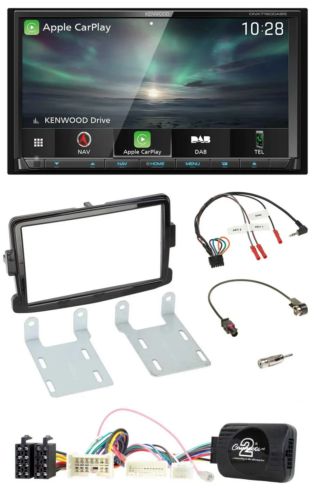 Kenwood Bluetooth USB 2DIN Lenkrad TMC DAB Navigation für Dacia ab 2012 piano sc