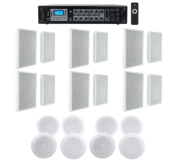 6-Zone Amplifier+12 White Wall+8 JBL 8" Ceiling Speakers For Restaurant/Bar/Cafe