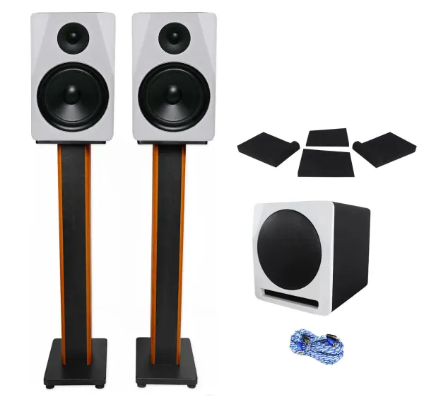 (2) Rockville APM8W 8" Studio Monitors+Active 10" Subwoofer+36" Stands+Pads