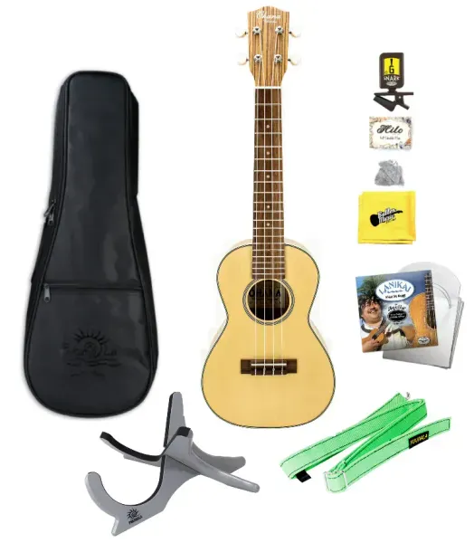 Ohana CK-22Z Zebrawood Concert Ukulele with Bag, Tuner, Strings, Stand, More