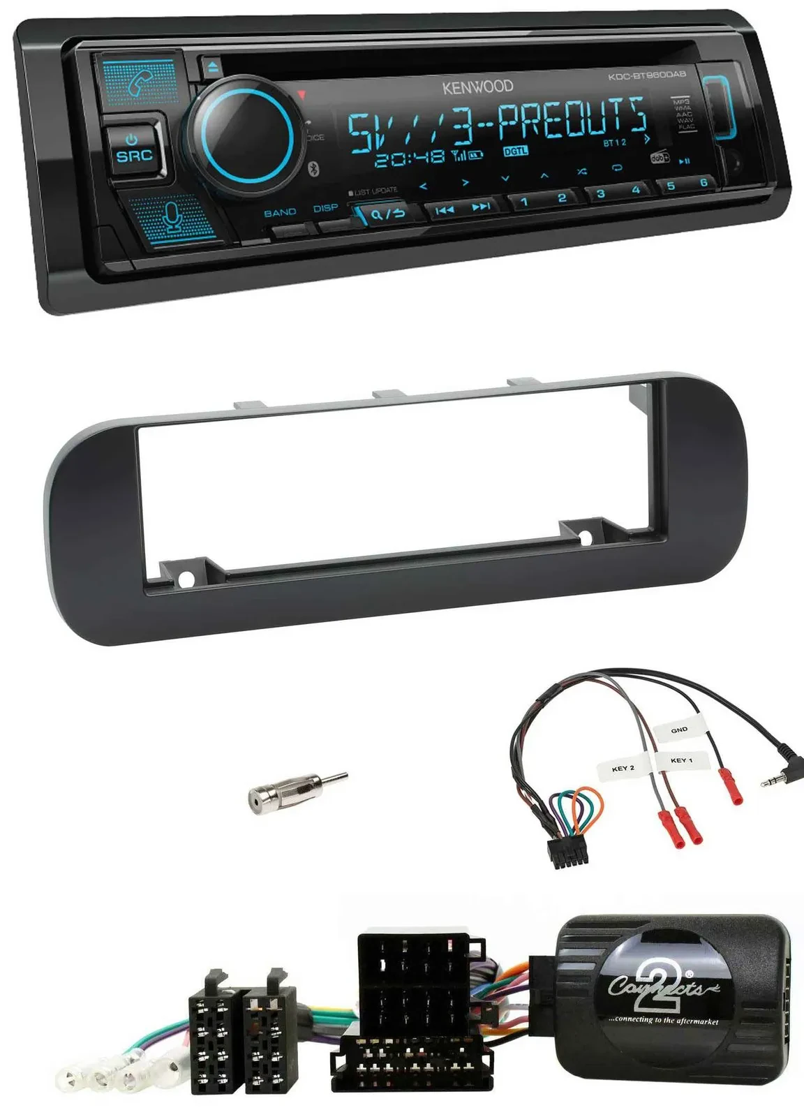 Автомагнитола для Fiat Panda (2012–2020) Kenwood Bluetooth, USB, CD, DAB, поддержка управления на руле, чёрный