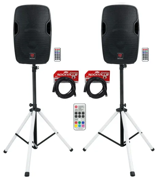 (2) Rockville BPA12 12" Powered 600w DJ PA Speakers wBluetooth+LED Stands+Cables