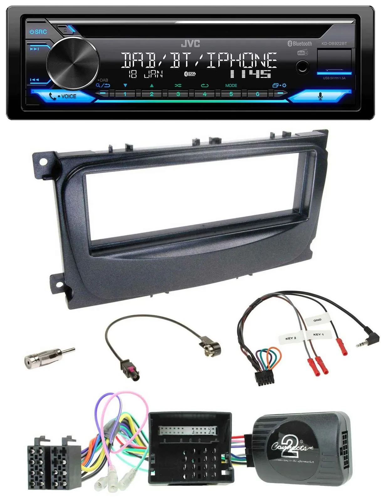 JVC Bluetooth Lenkrad USB DAB CD Autoradio für Ford C-Max Can 07-10 Focus schwar