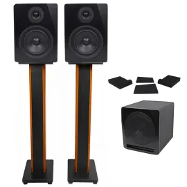 (2) Rockville APM5B 5.25" Studio Monitors+Active Subwoofer+36" Stands+Pads