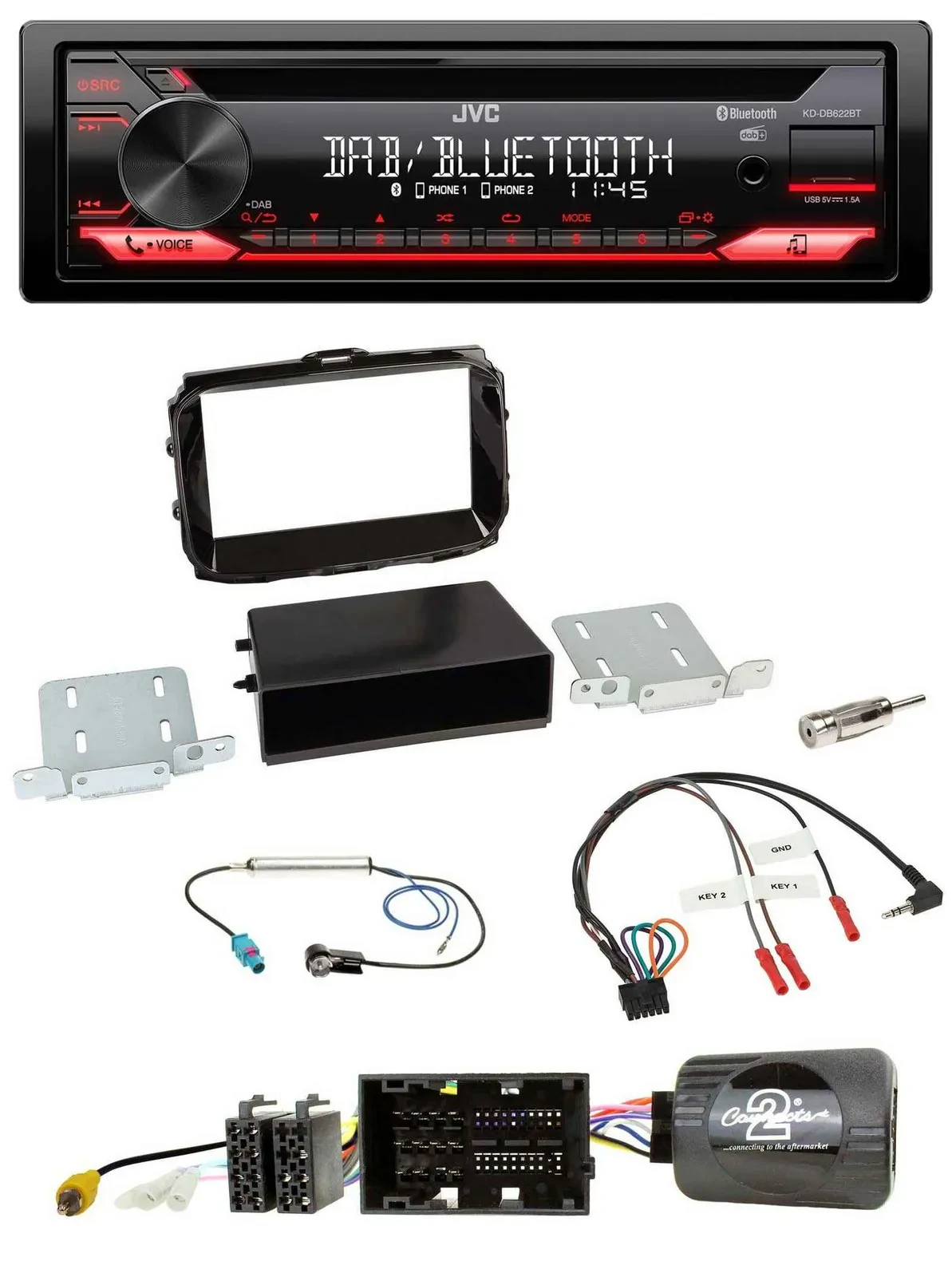 Автомагнитола для Alfa Romeo Giulietta (2013–2021) JVC CD DAB USB Bluetooth, черный глянец (piano black)