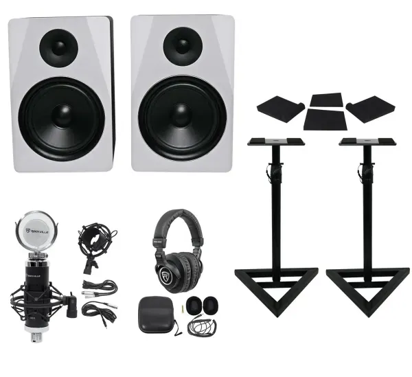 2) Rockville APM8W 8" 500w Powered Studio Monitors+Stands+Pads+Headphones+Mic