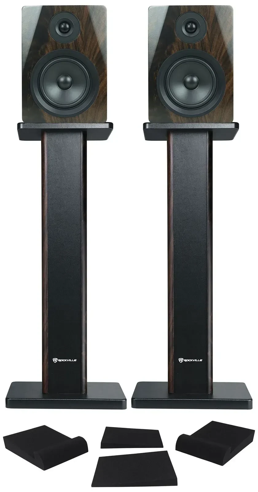 Студийные мониторы Rockville APM5D 5.25" 250W, темное дерево (набор, пара) с стойками 28" и изоляционными пэдами