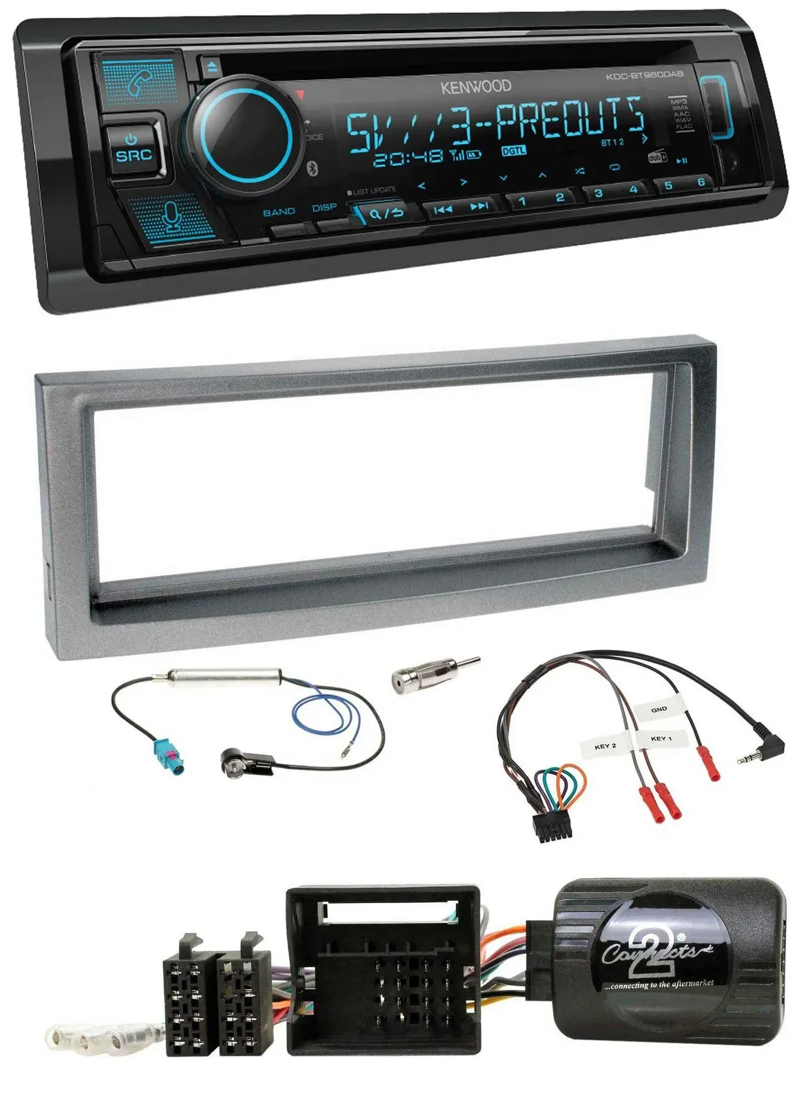 Автомагнитола для Citroen C5 (с 2005) Kenwood Bluetooth USB CD DAB серый металлик с поддержкой кнопок на руле