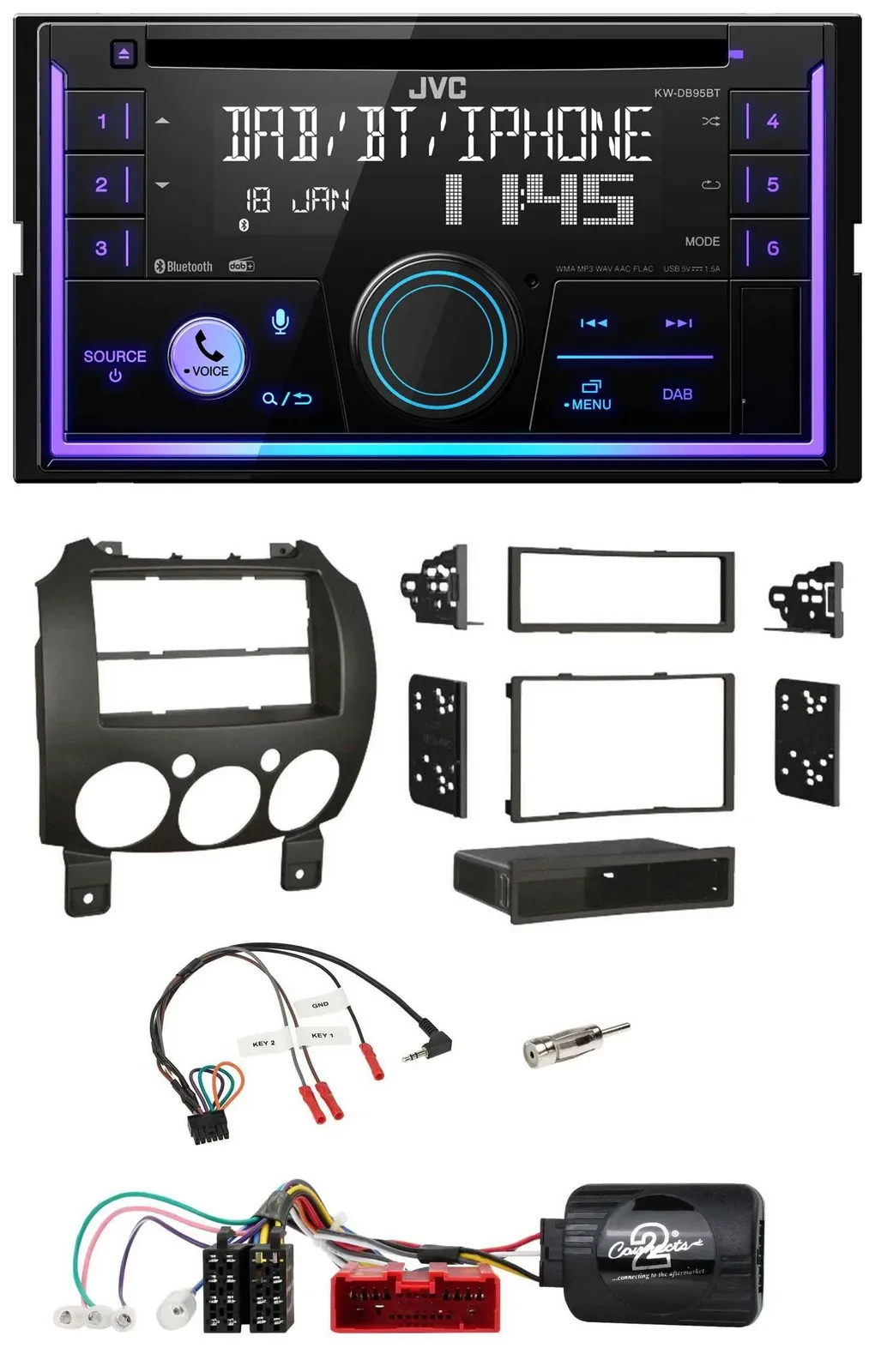 Автомагнитола JVC 2DIN, DAB, Bluetooth, CD для Mazda 2 (2007–2014)