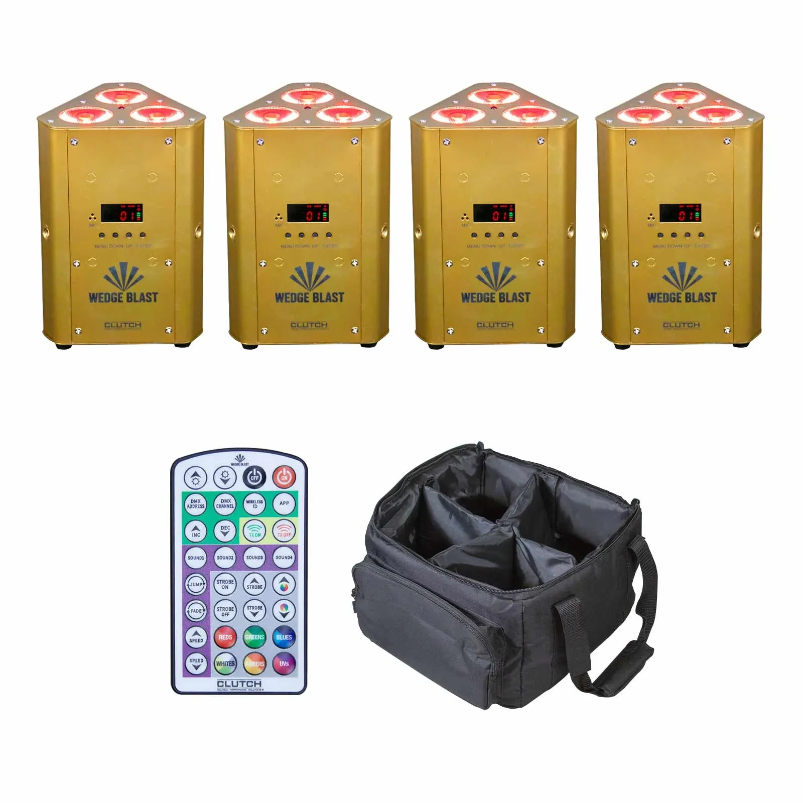 Прожектор для DJ Clutch LED, беспроводной, аккумуляторный, DMX, золотой (набор, 4 шт.) с сумкой