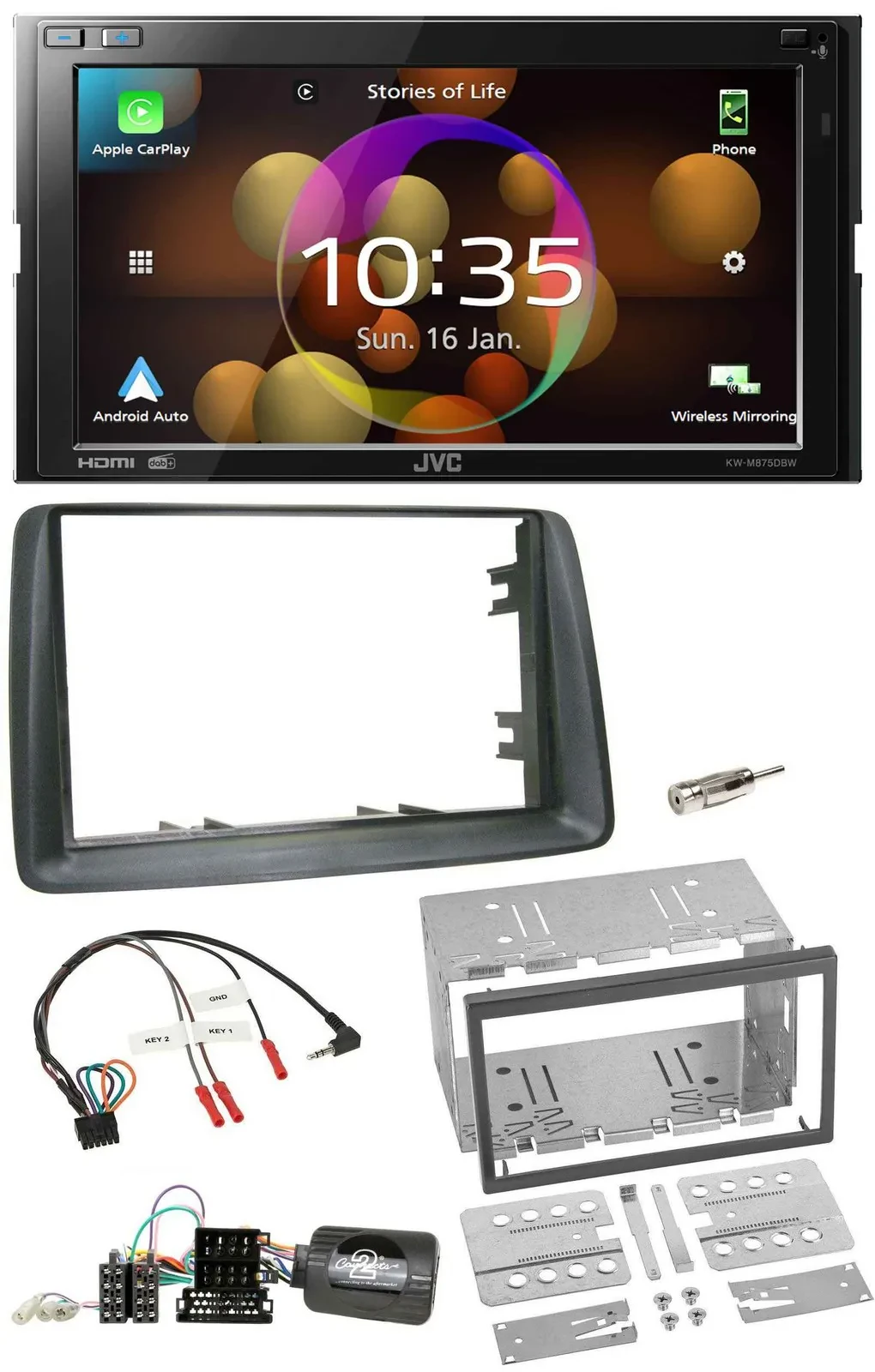 JVC DAB Lenkrad 2DIN Bluetooth USB Autoradio für Fiat Panda 2007-2012 grau