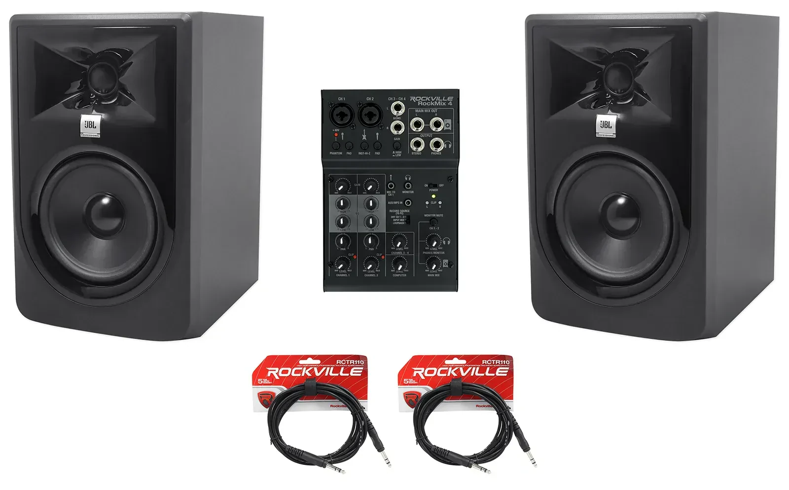 (2) JBL 305P MkII 5" Powered Studio Monitors+USB Interface 4-Channel Mixer w/EQ