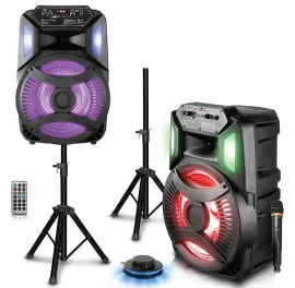 Technical Pro CLUB12 12" Rechargeable Bluetooth Speakers+Stands+Remote+Mic+Light