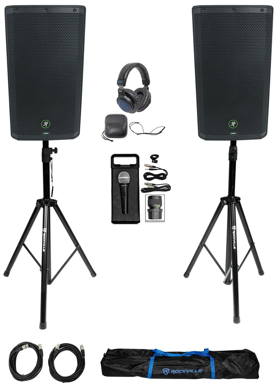 DJ Package w/2) Mackie Thrash212 GO 12" PA Speakers+Mic+Headphones+Stands+Cables