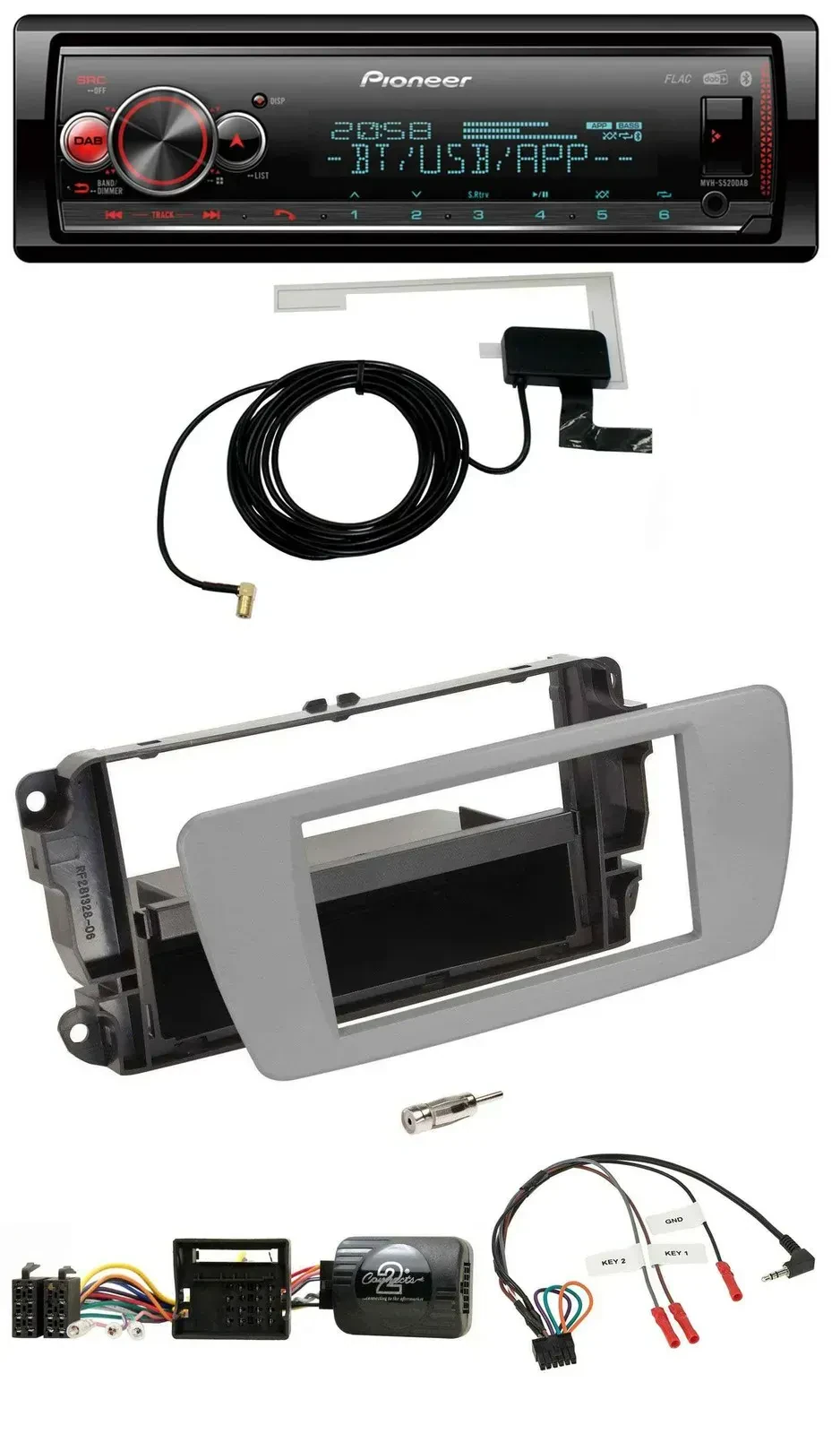 Автомагнитола для Seat Ibiza Pioneer Bluetooth, DAB, USB, с поддержкой управления на руле, серый