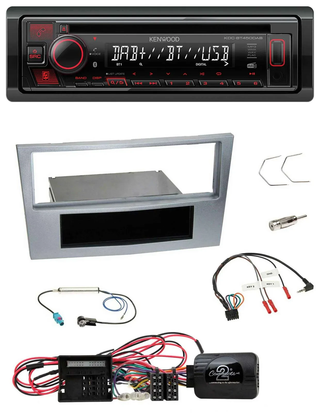 Автомагнитола для Opel Corsa D (2009–2014) Kenwood CD USB Bluetooth DAB, цвет матовый хром