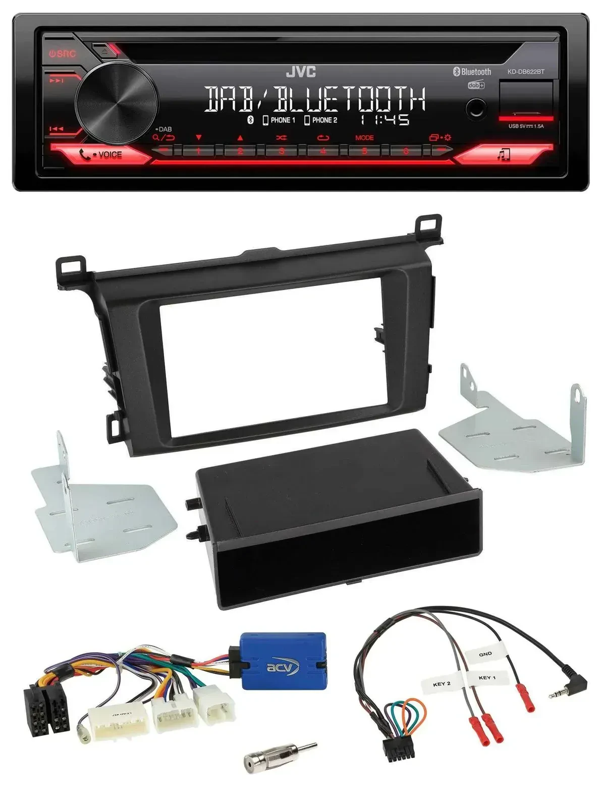 Автомагнитола для Toyota RAV4 JVC CD, DAB, USB, Bluetooth, совместимая с кнопками на руле