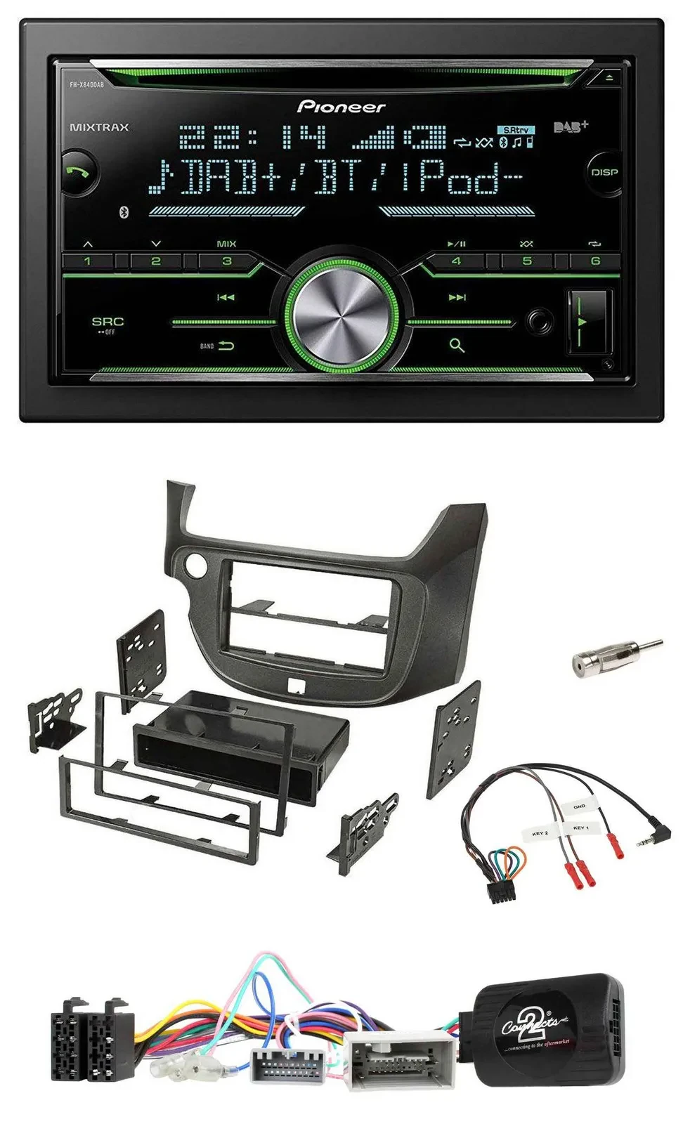 Автомагнитола Pioneer Bluetooth DAB 2DIN USB CD для Honda Jazz (с 2014), поддержка кнопок на руле, темно-серая