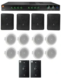 JBL Commercial Amplifier+4) 5.25" Black Wall+8) 4" Ceiing Speakers+Wall Controls