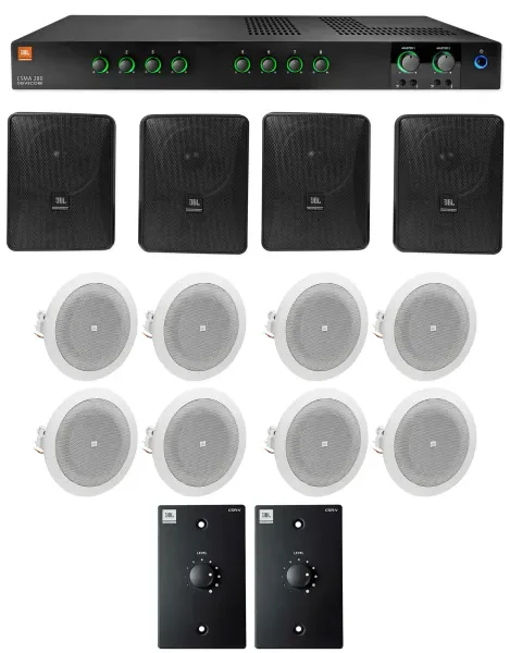JBL Commercial Amplifier+4) 5.25" Black Wall+8) 4" Ceiing Speakers+Wall Controls