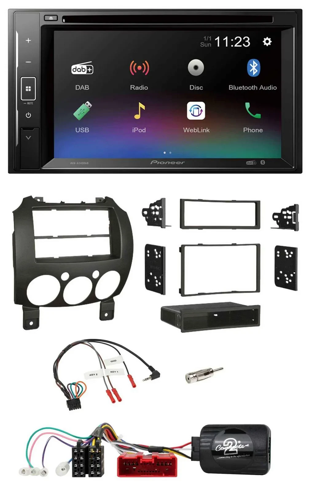 Автомагнитола Pioneer 2DIN Bluetooth USB DAB DVD для Mazda 2 (2007–2014)
