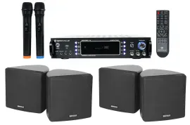 Rockville Hybrid Home Theater Karaoke Receiver+Mics+(4) 3.5" Black Cube Speakers