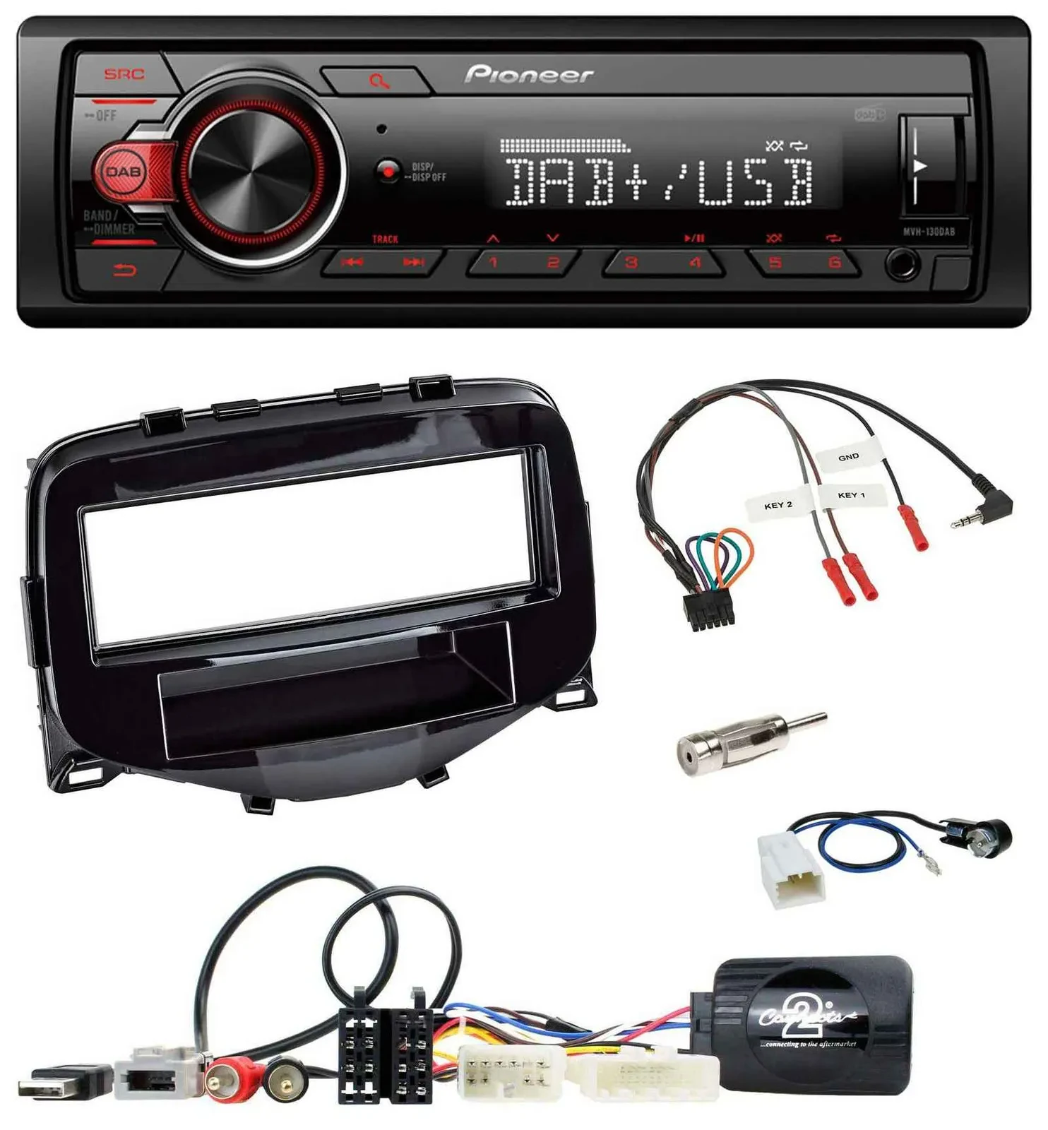 Автомагнитола для Toyota Aygo (2014–2021) Pioneer 1-DIN, DAB, USB, MP3, поддержка управления на руле