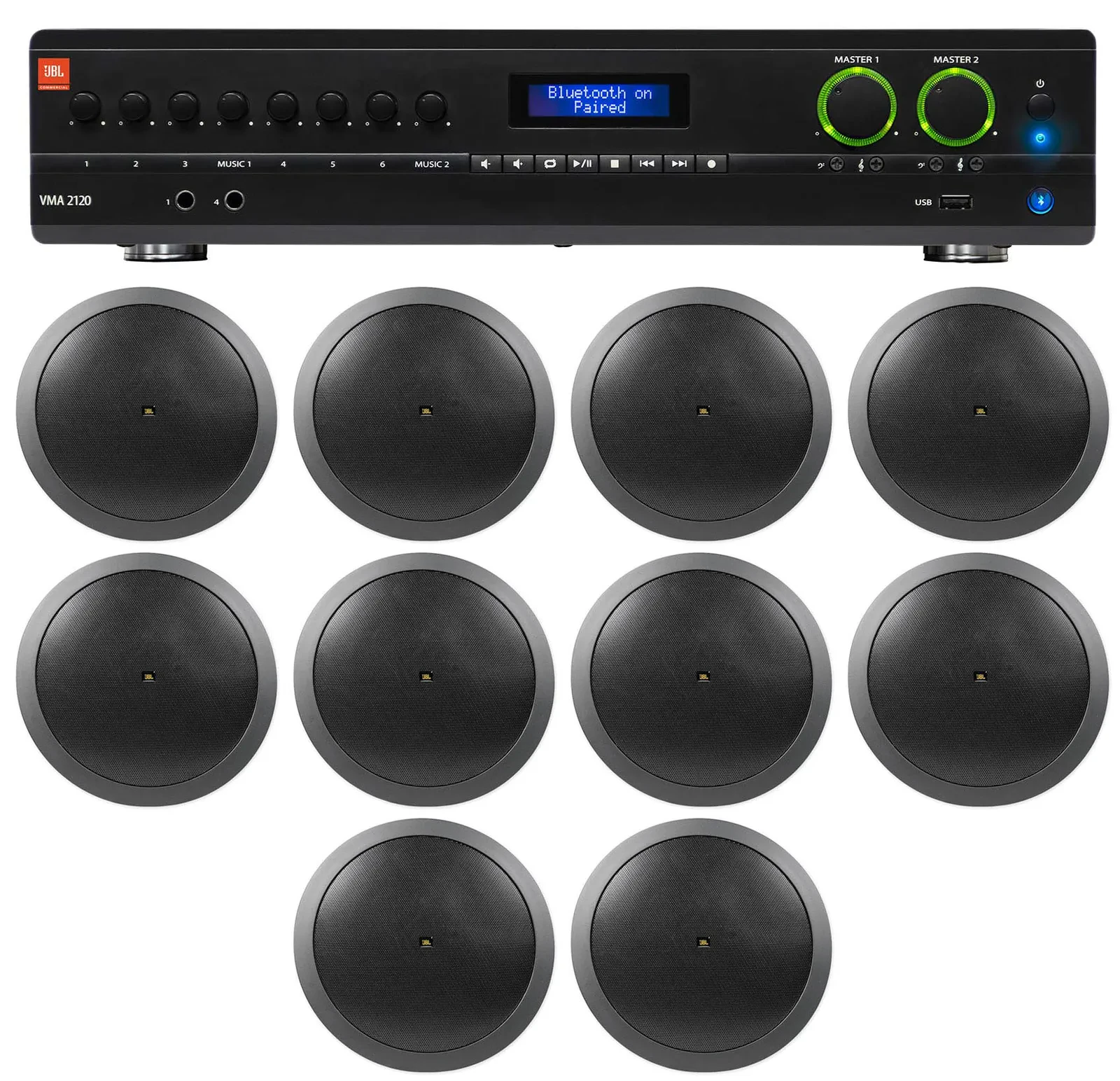 JBL VMA2120 2-Channel/Restaurant 2-Channel Amplifier+10) JBL Black 6.5" Speakers