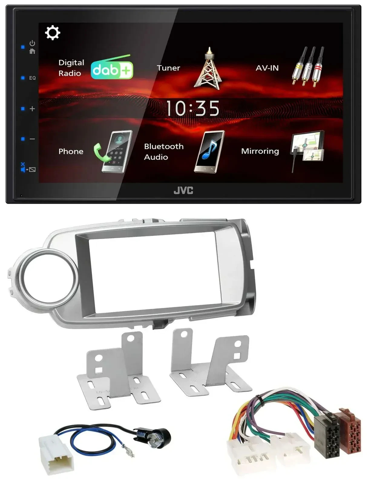 Автомагнитола для Toyota Yaris 2011–2014 JVC 2-DIN, USB, Bluetooth, MP3, DAB, серебристая
