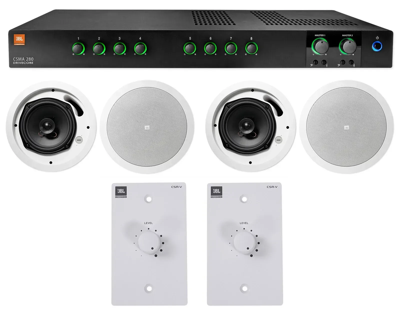 JBL CSMA280 Commercial Amplifier+4) 6.5" White Ceiling Speakers+2) Wall Controls