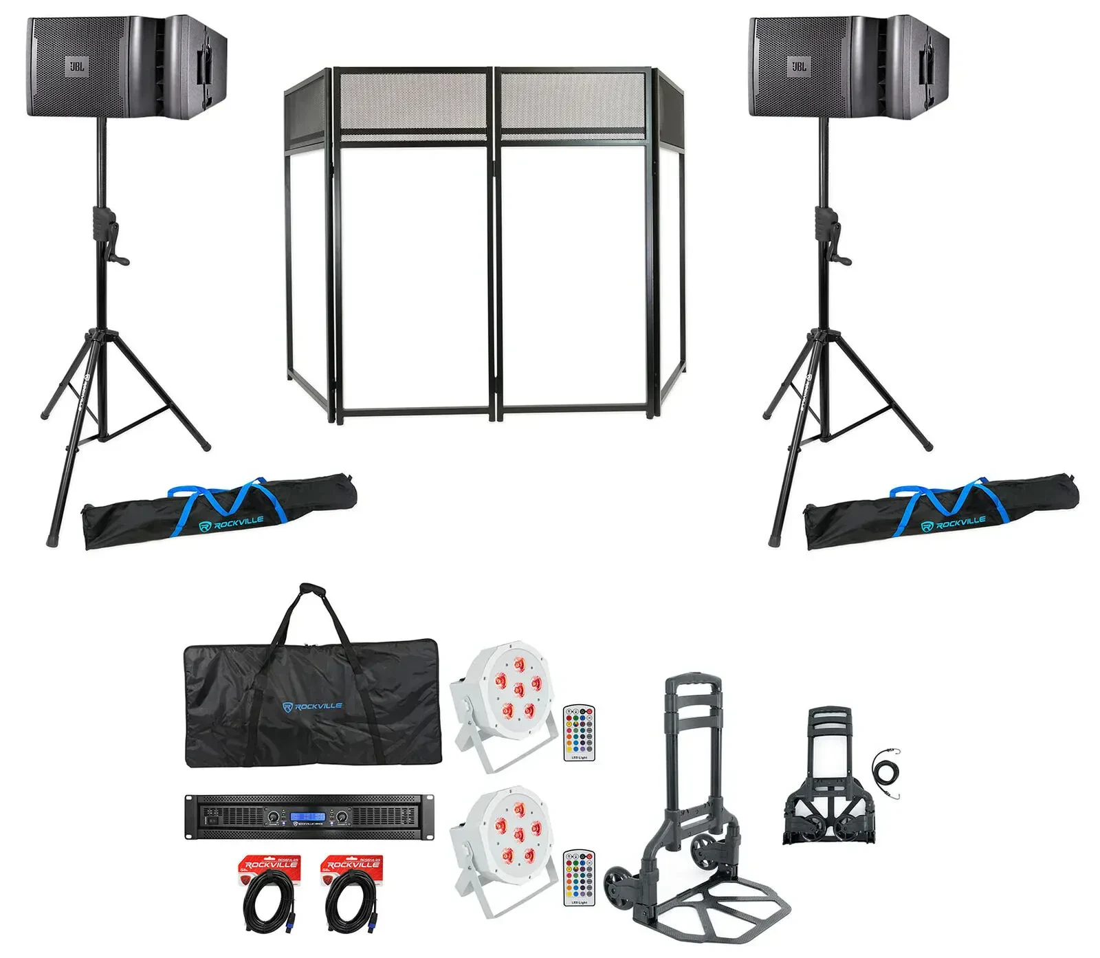 JBL DJ Package w/ VRX932LA-1 Speakers+Stands+Amplifier+Facade+Lights+Hand Truck